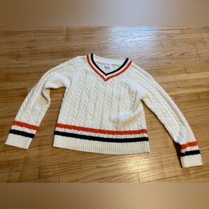 Wonder Nation Girl 7-8 Cable Knit V-Neck Sweater Cream w Orange + Black Accents